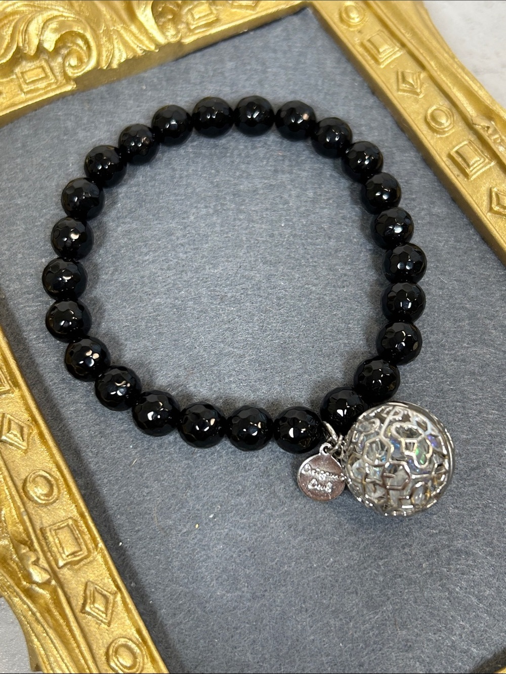 Black Onyx Cage Charm Bracelet - Classic Black Stretch Bracelet